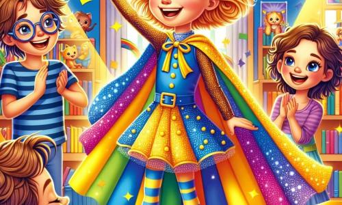 Zoé, une jeune fille de onze ans, porte un costume bleu et jaune à pois verts avec une cape à paillettes arc-en-ciel. Elle sourit malicieusement, les yeux pétillants de détermination, sur une scène prête à raconter ses blagues. À ses côtés, Léo, son frère de huit ans, rit aux éclats, admirant sa sœur. En arrière-plan, la bibliothécaire applaudit, entourée de livres. La scène se déroule dans une bibliothèque colorée, avec des étagères remplies de livres et des affiches accrochées aux murs. Zoé, la super-héroïne comique, raconte une blague à un public captivé, tandis que des chatons se faufilent entre les chaises, ajoutant une touche de chaos amusant.