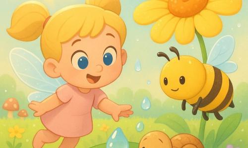 Lili, petite fée enfantine au visage rond, grands yeux bleus et couettes blondes, porte une robe courte rose pâle et des ailes nacrées ; elle tend la main vers une goutte d’eau sur une feuille. À sa droite, une abeille ronde jaune et noire butine une grande fleur jaune ; un bébé escargot à la coquille brun clair, timide et souriant, rampe sous la main de Lili, couvert de gouttes de pluie. Tout se passe dans un pré de printemps lumineux avec herbe verte, petites fleurs multicolores, feuilles perlées d’eau, quelques champignons rouges en arrière-plan et un ciel pastel perçant après la pluie ; ambiance douce et calme, composition centrée et palette aux couleurs douces en cel-shading.