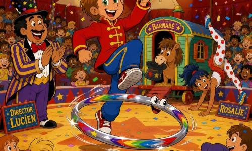 Un garçon de 10 ans, cheveux châtain clair en bataille, yeux verts, veste rouge à boutons dorés et pantalon bleu, saute sur place au centre d’une piste circulaire sous un chapiteau rouge et blanc tandis que Circello, un cerceau métallique peint arc‑en‑ciel aux petits yeux souriants, rebondit et pirouette autour de ses jambes; sur le côté, le directeur Lucien, homme d’environ 45 ans au chapeau haut‑de‑forme couvert de confettis et veste rayée, rit et applaudit, pendant que l’acrobate Rosalie, environ 22 ans, cheveux bleus en queue de cheval et collant à pois, observe en faisant la roue près des coulisses, et qu’à l’arrière‑plan le petit poney Barnabé, brun à la crinière ébouriffée, mâche un chapeau à côté d’une roulotte colorée, les projecteurs jaunes, les gradins pleins d’enfants en vêtements colorés, les fanions et les confettis complétant l’atmosphère joyeuse et festive du numéro comique de « marche sur place magique ».