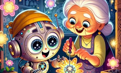 Un petit robot rond nommé Zig, avec un corps en métal brillant et des yeux en forme d'étoiles, sourit en réparant une fleur mécanique dans la boutique de Madame Sif. Zig, portant un chapeau jaune et utilisant un tournevis, affiche une expression d'enthousiasme. Madame Sif, une vieille dame aux cheveux argentés, admire le travail de Zig avec une expression de soulagement. La boutique est remplie de fleurs mécaniques colorées, avec des étagères en bois sculpté et des lumières scintillantes créant une atmosphère magique. Zig reconnecte un fil sur une grande fleur lumineuse, qui commence à émettre une douce lumière, illuminant son visage d'une lueur joyeuse.