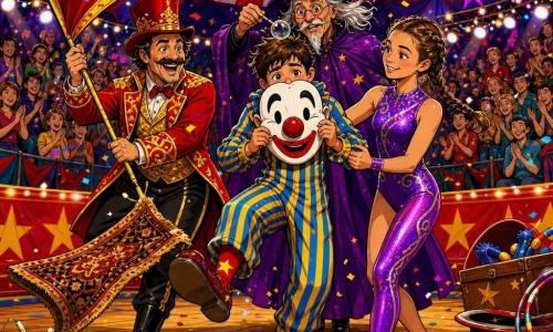 Maxime, 12 ans, souriant et un peu nerveux, visage partiellement caché par un grand masque de clown à nez rouge et sourcils en virgule, en costume rayé bleu et jaune fait un pas de danse maladroit au centre de la piste; à sa droite Lila, acrobate de 14 ans, mince aux cheveux tressés en justaucorps violet le soutient par le coude, à gauche Jojo, homme moustachu en costume rouge et or, agite un grand drapeau qui soulève un petit tapis, et en arrière-plan un vieux magicien d'environ 60 ans en cape violette et chapeau pointu tient une minuscule bulle de savon au-dessus du nez de Maxime; décor : chapiteau rayé rouge et blanc, piste circulaire en bois, projecteurs jaunes, gradins flous applaudissant, confettis flottants, seau de popcorn renversé et accessoires en coulisses — tableau joyeux et dynamique du final du cirque, festif et légèrement comique.