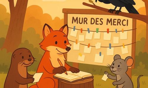 Sacha le renard roux au regard malicieux et légèrement embarrassé tient un crayon et griffonne dans un carnet posé sur une souche, Lila la loutre brune au sourire timide lui tend un petit papier mouillé, Mimo le mulot gris accroche un minuscule billet avec une pince sur le Mur des Merci — panneau artisanal entre deux troncs garni de ficelles et de petits papiers — pendant que Nino le corbeau noir, perché sur une branche, tient une plume et un pot de colle; le tout dans une clairière herbeuse aux racines apparentes, sous un ciel orangé de fin d'après-midi, dans une ambiance douce et complice d'amis échangeant des notes de gratitude.