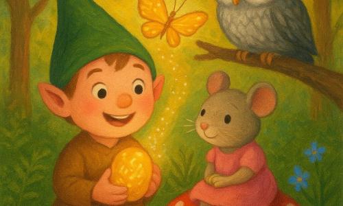Milo, petit lutin garçon au chapeau vert pointu et à la tunique marron clair, sourit les joues roses en serrant contre sa poitrine une pierre dorée brillante ; Minette, petite souris femelle ronde en robe rose, est assise à côté de lui sur un champignon rouge à pois blancs et regarde la pierre avec tendresse ; un papillon aux ailes dorées virevolte juste au‑dessus en laissant une traînée de lumière scintillante ; un vieux hibou mâle aux plumes grises et aux yeux sages, perché sur une branche, incline la tête en signe d'approbation ; la clairière de forêt a un sol tapissé de mousse, de fougères et quelques fleurs bleues, avec des rayons de soleil doré filtrant entre les arbres ; la pierre éclaire les visages, projetant des reflets chauds et des runes lumineuses qui se transforment en mots simples comme de petits filaments de lumière ; style : peinture acrylique douce, couleurs saturées mais chaudes, traits arrondis, texture de pinceau visible, ambiance calme et joyeuse, composition centrée et lisible pour un enfant de 4 ans.
