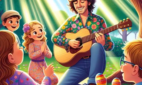 Un homme nommé Thomas, aux cheveux bruns légèrement ondulés et portant une chemise à fleurs colorées, se tient au centre de la scène, rayonnant de joie et souriant aux enfants autour de lui tout en tenant une guitare. Emilie, une fillette de 8 ans aux boucles dorées, est assise par terre, admirative et battant des mains au rythme de la musique. À côté, Lucas, un garçon de 9 ans avec des lunettes rondes et une casquette, secoue des maracas avec enthousiasme, tandis qu’Anaïs, une autre fillette de 8 ans, joue une mélodie sur un petit piano électrique. La scène se déroule dans un parc verdoyant sous un grand chêne, avec des rayons de soleil illuminant les enfants. Thomas, bien que silencieux, partage sa passion pour la musique avec eux, les guidant dans un atelier improvisé pour découvrir la joie de créer des mélodies.