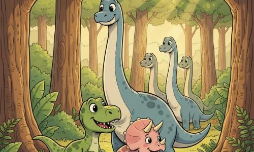 Un petit Tyrannosaure Rex vert tacheté, souriant et rassuré, guide du pas avec sa queue ; à côté Trixie la Tricératops rose pâle, joyeuse, pointe du museau vers l’avant ; un grand Brachiosaure bleu-gris, doux et soulagé, suit lentement ; au loin une famille de Brachiosaures émerge entre les arbres d’une forêt luxuriante aux troncs bruns, grandes feuilles et fleurs colorées, rayons de soleil filtrant ; scène lumineuse aux couleurs vives, contours doux et expressions exagérées et amicales, ambiance chaleureuse et rassurante.
