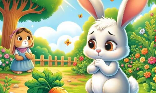 Léo le lapin, un petit lapin aux grandes oreilles et au pelage blanc, est assis dans un jardin verdoyant, l'air pensif. Ses grands yeux expriment une légère tristesse en regardant une carotte brillante qui pousse dans le sol. Sa maman, une lapine douce au pelage brun clair, se tient à côté de lui, les bras croisés, avec une expression de compréhension. Le jardin est rempli de fleurs colorées, de papillons et de lumière dorée du soleil. Léo réfléchit à son petit mensonge et se demande s'il aurait dû dire la vérité pour obtenir la carotte qu'il désire.