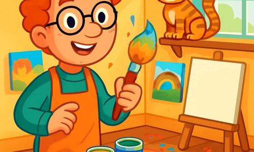 Monsieur Colori, un homme aux cheveux bouclés et aux lunettes rondes, se tient dans son atelier avec un pinceau coloré, entouré de pots de peinture. Son chat tigré, Pastel, l'observe depuis une étagère. L'atelier est rempli de toiles, de papiers colorés et de lumière filtrant par une grande fenêtre, avec des éclaboussures de peinture au sol. Monsieur Colori pense à la toile qu'il va créer, prêt à réaliser une œuvre qui fera sourire les enfants.