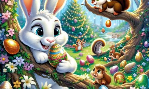 Léo, un lapin blanc aux grandes oreilles et au pelage éclatant, sourit en tenant un œuf en chocolat coloré. À ses côtés, Clara, une petite écureuil brune, grimpe sur une branche pour attraper un œuf brillant. Tom, une tortue à la carapace verte, observe la scène avec bienveillance. En arrière-plan, une forêt enchantée avec des arbres noueux et des fleurs colorées danse au vent sous un ciel bleu clair. L'image montre Léo et ses amis préparant la chasse aux œufs de Pâques, entourés d'œufs en chocolat cachés, créant une atmosphère joyeuse.