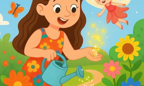 Amélie, une femme d'une trentaine d'années aux longs cheveux bruns ondulés et aux yeux pétillants, porte une robe colorée en fleurs. Elle exprime joie et émerveillement en arrosant ses fleurs dans un jardin enchanteur, rempli de couleurs et de papillons, sous un ciel bleu. La Fée des Fleurs, une petite créature lumineuse, vole autour d'elle avec bienveillance. Amélie plante des graines magiques données par la fée, tandis que des éclats de lumière promettent une transformation magique de son jardin.