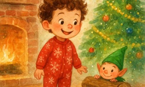 Un garçon de 4 ans, Noé, avec des cheveux bruns bouclés et des yeux pétillants, sourit émerveillé. Il porte un pyjama rouge avec des motifs de flocons de neige et se tient près de la cheminée. Un lutin espiègle, de la taille d'une main, avec un bonnet vert pointu et des joues roses, se cache derrière une bûche, ses yeux malicieux brillent. La pièce est un salon chaleureux, décoré pour Noël, avec un grand sapin scintillant de guirlandes dorées et des boules colorées. Des paillettes dorées scintillent sur le sol en bois, créant une atmosphère magique et festive.