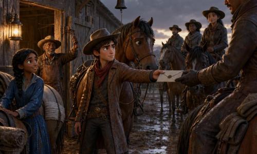 Luka, environ 16 ans, visage clair, cheveux châtain courts sous un chapeau de cow-boy usé, regard déterminé, tend une enveloppe scellée à un autre cavalier; il porte une veste en cuir brun, foulard rouge et bottes poussiéreuses, son cheval Vent-Sage, gros bai soufflant de la vapeur, est à côté de lui. À gauche, Rosa, 15 ans, cheveux noirs en tresse, manteau bleu mouillé, tient la selle près de la porte de la grange, souriante et reconnaissante, éclairée par une lampe à huile. À l'arrière-plan droit, le palefrenier d'environ 55 ans, visage ridé, grand chapeau et tablier de cuir, sonne une petite cloche rouillée près de la jument blessée Aube-d'Argent, flanc bandé. Quatre cavaliers supplémentaires montent en file sur le chemin boueux à droite, prêts à partir. Lieu : vieille grange en bois humide, planches fissurées, paille mouillée, flaques de boue et traces de sabots sous un ciel d'orage à l'aube. Situation : échange urgent d'un message avant le départ, tension devenue coopération, scène dynamique avec mouvement de chevaux, éclairage doux d'aube et lampe à huile, textures détaillées, rendu 3D stylisé cinéma pour enfants, composition centrée sur Luka tendant l'enveloppe.
