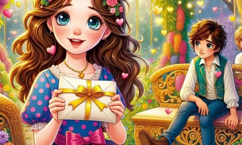 Célestine, une fille de 12 ans, se trouve dans un jardin secret enchanteur, entourée de fleurs et de guirlandes de cœurs. Elle a de longs cheveux châtains, des yeux curieux et porte une robe à pois colorée. Son sourire radieux montre son excitation alors qu'elle tend une lettre enroulée dans un ruban doré à son amie Léa, qui est assise sur un banc en bois, avec un air timide mais joyeux. Valentin, un garçon de 12 ans aux cheveux bouclés, s'approche avec intérêt, portant un t-shirt bleu et un jean. Le jardin, rempli de fleurs multicolores et de lanternes scintillantes, crée une ambiance magique. Célestine remet la lettre d'amour à Léa, tandis que Valentin les observe, dans une atmosphère de joie et d'amitié, célébrant la magie de la Saint-Valentin.