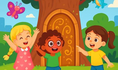 Trois personnages se tiennent devant une porte en bois ornée de motifs scintillants, cachée derrière un arbre dans un parc urbain. Léa, 8 ans, a une tresse dorée et porte une robe rose à pois. Zoé, 7 ans, a des cheveux bouclés et des lunettes colorées, vêtue d'un t-shirt vert et d'un short en jean. Mia, 8 ans, avec des cheveux bruns en queue de cheval et une prothèse à la jambe, porte un legging bleu et un t-shirt jaune. Elles découvrent la porte magique, leurs visages illuminés par la curiosité et l'excitation, prêtes à entrer dans un monde de lumière et de couleurs, entourées de fleurs, d'arbres et de créatures fantastiques.