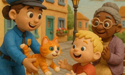 Une policière souriante en uniforme bleu rend un petit chat tigré orange et blanc au garçon Timéo, environ 5 ans, tandis qu'une mamie assise sur un banc applaudit : scène lumineuse et chaleureuse dans une rue pavée aux bâtiments pastel, ciel bleu et lampadaire rétro.