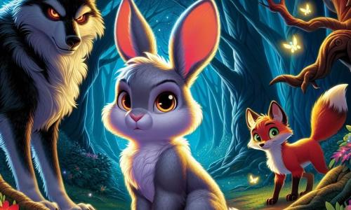 Un jeune lapin nommé Lumin, avec un pelage doux et scintillant, se tient courageusement au centre de la clairière, prêt à défendre son royaume. À sa droite, un renard rusé nommé Zéphyr, avec une fourrure flamboyante, l'observe avec un sourire confiant. À gauche, le Grand Méchant Loup, imposant avec sa fourrure sombre, montre une expression de surprise et de curiosité, hésitant à avancer. La scène se déroule dans une forêt enchantée, éclairée par la pleine lune, où des arbres majestueux et des fleurs lumineuses créent une atmosphère magique. Lumin et Zéphyr affrontent le loup dans un moment de tension, mêlant bravoure et ruse.