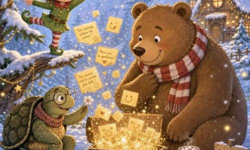 Un petit lutin farceur au visage rond et joues roses, chapeau vert pointu à pompon rouge, yeux pétillants et langue tirée fait une pirouette sur une branche de sapin en tenant une mini boîte en bois couverte d'autocollants étoiles. L'ours Brunou, grand et chaleureux au pelage brun doux et écharpe rayée rouge et blanche, est accroupi près du sol, souriant et étonné, une tasse de chocolat chaud à côté de lui. Une vieille tortue tricoteuse à carapace texturée et lunettes rondes, assise sur une souche, sourit en offrant une petite fleur en sucre à Brunou. La clairière enneigée, éclairée de guirlandes dorées et de lucioles, sapins poudrés et petites maisons en bois en arrière-plan, voit flotter des flocons autour d'une grande boîte en bois ouverte au centre d'où s'échappent cartes dorées et paillettes : le 