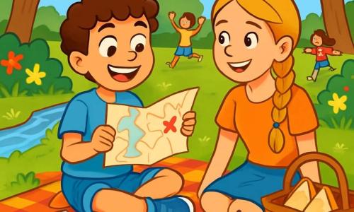 Lucas, un garçon de 12 ans aux cheveux bruns et bouclés, sourit avec excitation assis sur une couverture à carreaux dans un jardin verdoyant. Il porte un tee-shirt bleu vif et des shorts en jean, tenant une carte de la ville. À ses côtés, sa sœur aînée Emma, 14 ans, avec de longs cheveux blonds tressés, sourit en tenant un pique-nique coloré. Le jardin est rempli de fleurs éclatantes, de grands arbres et un ruisseau coule à proximité. En arrière-plan, des voisins jouent et rient, créant une ambiance joyeuse. Lucas et Emma planifient leur chasse au trésor, entourés de rires et d'indices colorés, illustrant l'esprit d'aventure de leurs vacances d'été.