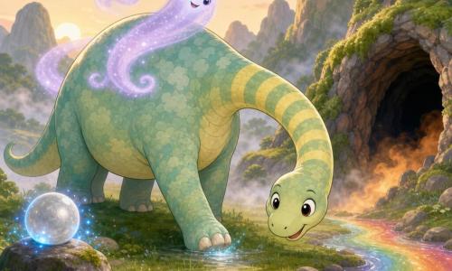 Un diplodocus large et doux au long cou rayé vert pâle et jaune, yeux ronds et souriants, écailles comme de petits nuages et pattes épaisses, posant une patte sur de l’herbe humide ; une brume lavande translucide et souriante tourbillonne derrière son cou ; à gauche, une pierre-lune argentée sur un rocher émet de petites étincelles bleues ; au premier plan à droite, une rivière arc-en-ciel nacrée ; en arrière-plan, une grotte à entrée noire bordée de mousse avec une fumée orange claire ; ambiance de vallée aidée par le diplodocus, matinée de brume, couleurs douces et contrastées, style simple et lisible pour enfants, contours nets et formes arrondies.