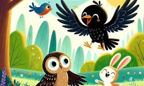 Cacahuète, un petit corbeau noir aux plumes brillantes et aux yeux joyeux, vole au-dessus d'une clairière ensoleillée en criant d'excitation. À ses côtés, Pomme la chouette, avec son plumage marron et ses grands yeux ronds, le regarde avec un sourire rassurant, perchée sur une branche. En bas, Lapinou le lapin, aux grandes oreilles et à la fourrure blanche, bondit joyeusement dans l'herbe verte, prêt à les aider. La clairière, entourée d'arbres majestueux et de fleurs colorées, est le cadre où Cacahuète, un peu perdu mais plein d'espoir, est encouragé par ses amis à retrouver son chemin vers la maison.
