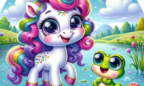 Une licorne joyeuse nommée Bubulle se tient au bord d'un lac scintillant. Sa crinière bouclée et colorée, aux nuances de rose, violet et bleu, rebondit gaiement. Sa corne étincelante brille de toutes les couleurs de l'arc-en-ciel, et elle affiche un grand sourire malicieux. À côté d'elle, Zaza, une petite grenouille verte avec des taches jaunes, saute joyeusement sur une feuille de nénuphar, prête à plonger dans l'eau. Le décor est un lac paisible entouré de nénuphars fleuris et de grands arbres sous un ciel bleu. La scène montre Bubulle utilisant sa corne magique pour créer des bulles colorées qui flottent autour d'eux, tandis que des poissons colorés sautent hors de l'eau, ajoutant une touche de magie à cette fête au bord du lac.