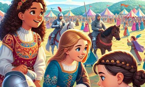 Dans une plaine médiévale, trois filles se tiennent au centre de l'image. Julie, 10 ans, aux cheveux bouclés et bruns, sourit en regardant un tournoi de chevaliers. À sa droite, Emma, 11 ans, aux cheveux lisses et blonds, prend des notes avec concentration. À gauche, Léa, 10 ans, avec des cheveux châtains et une tresse, discute avec un jeune page en armure. En arrière-plan, des tentes colorées, des chevaliers, des dames en robes, et des troubadours créent une atmosphère festive. Les filles enquêtent sur une épée légendaire volée, prêtes à résoudre une énigme dans le passé.