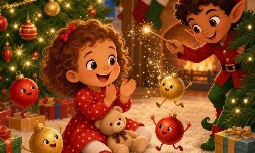 Rose, 2 ans, joyeuse et émerveillée, cheveux bouclés châtain clair, robe rouge à pois blancs, applaudit en tenant sur ses genoux un ours en peluche beige à œil-bouton noir; un lutin farceur — garçon elfe d'environ 1,20 m, visage malicieux, bonnet vert pointu, veste rouge et ceinture dorée — est caché derrière une branche à droite et agite une baguette scintillante pour faire briller les guirlandes, faire danser des boules rouges et dorées et sortir un biscuit en forme d'étoile; décor : salon de Noël cosy avec grand sapin décoré, guirlandes lumineuses chaudes, tapis moelleux et cadeaux colorés; ambiance de couleurs chaudes, lumières dorées, traits ronds et doux, expressions exagérées et rassurantes, composition centrée sur Rose sous le sapin et le lutin derrière la branche.