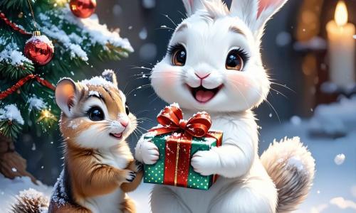 Un petit lapin nommé Philou, avec un pelage doux et blanc comme la neige, aux grandes oreilles et aux yeux pétillants, sourit en tenant un cadeau coloré. À ses côtés, Madame Belette, au pelage brun et aux yeux bienveillants, le regarde avec fierté, les bras ouverts pour l'encourager. Ils se trouvent près d'un sapin de Noël décoré, dans l'orphelinat "Les Petites Pattes", un bâtiment en bois chaleureux entouré de flocons de neige. Philou et Madame Belette célèbrent Noël avec d'autres animaux joyeux, distribuant des cadeaux sous le sapin, remplissant l'air de rires et de bonheur.