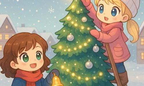 L'image montre deux personnages principaux : Lou, une fille de 10 ans avec des cheveux bruns bouclés et des yeux verts, portant un manteau bleu et une écharpe rouge, tenant une clochette brillante. Elle se tient à gauche, regardant le sapin avec émerveillement. Maëlle, également âgée de 10 ans, a des cheveux blonds en couettes et des yeux bleus, portant un manteau rose et un bonnet blanc, grimpe une échelle appuyée contre le sapin. La scène se déroule sur la place centrale d'un village enneigé, décorée pour Noël avec un grand sapin au centre, recouvert de guirlandes et de boules argentées. Des flocons de neige tombent doucement, et les maisons environnantes ont des toits enneigés et des fenêtres illuminées. Lou et Maëlle replacent la clochette magique au sommet du sapin pour raviver la magie de Noël, tandis qu'une douce lumière dorée émane de la clochette, illuminant leurs visages.