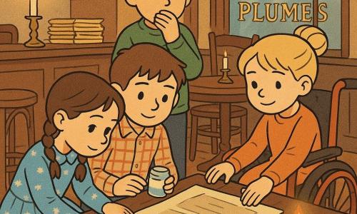 Quatre enfants réparent une affiche dans un café XIXe nommé «Café des Plumes»: Lina, 9 ans, cheveux bruns en deux tresses, robe bleu ciel, accroupie et replace une lettre; Noé, 9 ans, cheveux châtains courts, chemise à carreaux, tient une boîte de colle; Sami, 8 ans, cheveux noirs en bataille, pull vert, se tient sérieux derrière eux la main sur la bouche; Zoé, 9 ans, cheveux blonds en chignon, en fauteuil roulant rouge, stabilise la feuille en souriant; ambiance chaude aux bougies, tables en bois sombre, fenêtre à petits carreaux, piles de journaux jaunis, montre à gousset dorée sur la table émet une lueur bleue, encrier noir et petite goutte de colle brillante.