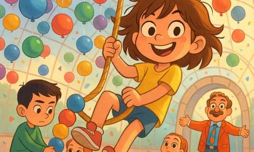 Une fillette de 8 ans joyeuse et malicieuse, cheveux châtains en bataille, t‑shirt jaune et baskets rouges, se balance au‑dessus du sol en tenant une ficelle dorée et saute de cordes à cordes pour atteindre un ballon doré contenant une petite note ; un garçon de 9 ans en pull vert tient la main d’une fillette de 7 ans à gauche pour former une chaîne de ballons, et un homme moustachu d’environ 50 ans en costume coloré et lunettes rondes se tient à l’arrière‑plan à droite, bras ouverts pour encourager. La scène se déroule dans un grand dôme transparent rempli de centaines de ballons colorés suspendus par des ficelles blanches, éclairage doux et confettis flottants ; style graphique aux traits nets, couleurs vives, contours légèrement épais et expressions exagérées pour un rendu enfantin et chaleureux.