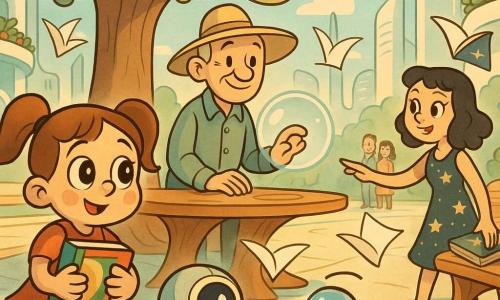 Lina, petite fille aux yeux ronds et cheveux en couettes, tient un sac de livres colorés et regarde des pages qui flottent; Pipo, petit robot-bille brillant à œil bleu et bras souples, roule près d'elle en attrapant délicatement des feuilles; Monsieur Nao, homme d'une soixantaine d'années au chapeau large, active une bulle d'air protectrice depuis son bracelet, et Myriam, femme en robe étoilée, tend la main vers un livre sur les étoiles près d'un banc chauffant; décor : grande place urbaine futuriste avec tours nacrées, balcons plantés, un grand arbre-ombrage central aux lampes jaunes, bancs et table organiques; ambiance douce et lumineuse, pages s'envolent comme oiseaux de papier, voisins souriants, palette pastel vive, formes rondes et mouvement fluide style rubber hose.