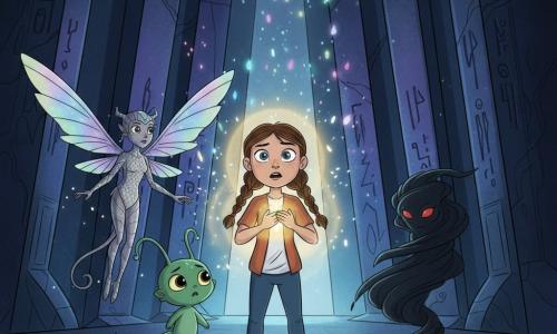 Lila, 10 ans, émue et courageuse, visage rond, taches de rousseur, tresse brune et grands yeux brillants, joint les mains tandis qu’une lueur dorée jaillit de sa poitrine; à ses côtés flotte Zorak, petit extraterrestre vert irisé aux grands yeux noirs et antennes souples, visiblement inquiet; derrière elles Liora, créature ailée aux écailles nacrées et ailes translucides arc‑en‑ciel, bat doucement des ailes prête à unir sa lumière; la Citadelle est une vaste salle de cristal noir poli aux veines violettes et runes gravées, traversée par un faisceau multicolore concentré vers le centre; au fond, l’Ombremestre se dessine en silhouette d’ombre tourbillonnante aux yeux rouges, floue et menaçante; ambiance dramatique mais enfantine, contrastes entre ténèbres bleutées et lumières chaudes, lignes douces et couleurs saturées.