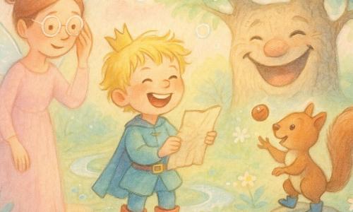 Un petit prince souriant aux cheveux blonds en bataille et bottes rouges, tenant un parchemin froissé et regardant un grand arbre riant ; à sa gauche une bonne fée adulte en robe rose pâle ajuste ses lunettes avec bienveillance ; un écureuil botté espiègle, brun avec petites bottines bleues, jongle avec une noisette sur une pierre ; décor : bosquet enchanté au sol de pétales bleus, ruisseau argenté, fleurs scintillantes et ciel pastel ; ambiance lumineuse, couleurs douces et textures aquarelle, rehauts blancs sur les contours.