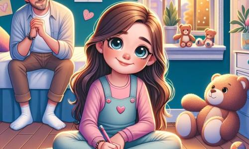 Zoé, une petite fille de 8 ans aux longs cheveux bruns et aux yeux pétillants, est assise sur un tapis dans sa chambre bleue. Elle sourit doucement, avec une touche de mélancolie, tenant un carnet rose et un stylo en forme de cœur. Son papa, un homme d'une trentaine d'années avec des cheveux châtains et une légère barbe, est assis sur le lit, l'air attentif et bienveillant, l'encourageant à écrire un mot pour sa maman. La chambre est décorée de dessins colorés, de peluches et d'une lumière dorée entrant par la fenêtre.