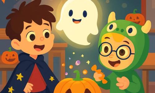 Il y a trois personnages : Lucas, un garçon de 4 ans avec des cheveux bruns en bataille, portant un costume de petit sorcier noir avec une cape étoilée, debout à gauche, les yeux brillants d'excitation ; Max, un garçon de 4 ans avec des cheveux blonds et des lunettes rondes, habillé en petit monstre vert, se tenant à droite de Lucas avec un sourire et un bonbon à la main ; et Flocon, un petit fantôme rond et souriant, flottant entre eux. L'action se déroule dans une salle de classe décorée pour Halloween, avec des toiles d'araignée, des citrouilles souriantes et une ambiance mystérieuse. Lucas et Max découvrent une citrouille souriante, entourés de bonbons scintillants, tandis que Flocon les guide avec enthousiasme vers le secret des bonbons magiques.