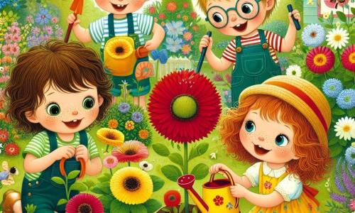 Dans un jardin printanier, cinq enfants jouent ensemble. Lila, 8 ans, admire une fleur rouge. Tom, 7 ans, s'apprête à planter une graine. Mia, 6 ans, danse en voyant les abeilles. Max, 9 ans, arrose les plantes, tandis que Zoé, 5 ans, cueille des pétales pour un bouquet. Le jardin est coloré avec des fleurs et des oiseaux chantent, créant une ambiance joyeuse où les enfants jardinent et s'amusent.