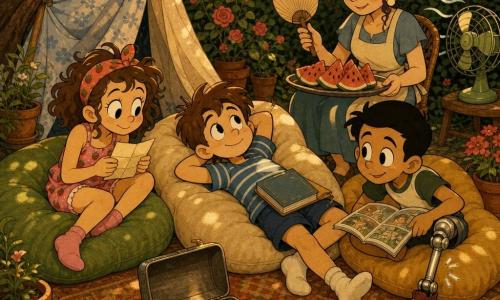 Quatre personnages dans un coin lecture ombragé d'un jardin d'été : Noé (~10 ans) allongé sur un grand coussin beige, t-shirt rayé bleu, livre sur le ventre, visage détendu et doigts collants de jus de pastèque ; Zoé (~9 ans) assise à gauche, cheveux bouclés avec bandeau à fraises, short de pyjama rose, souriante mais fatiguée, tenant un petit papier plié ; Malik (~10 ans) accroupi à droite, peau mate, prothèse de jambe métallique stylisée et BD ouverte sur les genoux, regard amusé ; Lina (~35 ans) assise à l'arrière sur une chaise basse, cheveux attachés, tablier léger, tenant un plateau avec tranches de pastèque et petit ventilateur, regard bienveillant. Décor : grand tapis usé, trois gros coussins, draps formant une cabane partielle, guirlande lumineuse, pots en terre cuite, rosier et haie dense, lumière dorée filtrée, ventilateur soufflant doucement. Scène : pause après une chasse au trésor, atmosphère calme et chaleureuse, boîte métallique du trésor ouverte avec bracelets et bonbons, indice froissé, palette de tons chauds d'été (jaune doré, vert feuille, rouge pastèque, bleu doux), style graphique aux contours souples, silhouettes rondes, ombres simples et texture papier, ambiance nostalgique et joyeuse.