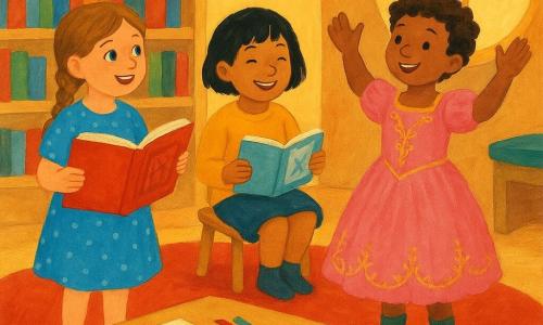 Trois enfants dans une bibliothèque d'école chaleureuse : Mia, 8 ans, châtain clair en tresse, robe bleue à pois, à gauche tenant un grand livre ouvert et montrant une page ; Zoé, 8 ans, cheveux noirs courts, pull jaune moutarde, assise au centre feuilletant un livre de théâtre en souriant ; Lucas, 8 ans, cheveux bruns bouclés, à droite, rayonnant dans une robe de princesse rose brodée et bottines vertes, levant légèrement les bras comme pour saluer ; tapis rond rouge, étagères en bois clair remplies de livres, grande fenêtre laissant entrer une lumière dorée, table basse avec crayons, feuilles et déguisements éparpillés, ambiance joyeuse aux couleurs vives et coups de pinceau doux.