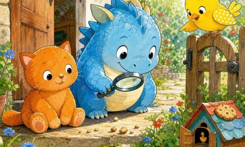 Un petit dragon bleu rond et dodu, souriant et tenant une loupe, suit une trace de miettes jusqu'à une horloge coucou posée au soleil; à sa gauche un chat en peluche orange l'observe amusé et un petit oiseau jaune perché sur la rambarde montre le chemin, le tout au seuil d'une maison cosy ouverte sur un jardin fleuri, moment joyeux et paisible de découverte et de partage.
