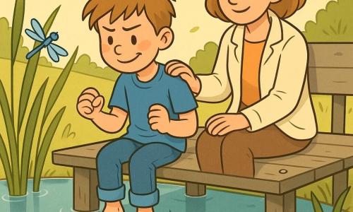 Garçon de 8 ans calmant sa colère : visage encore rougi, sourcils froncés mais sourire naissant, poings serrés puis relâchés, cheveux châtain en bataille, t-shirt bleu froissé, jean, assis au bout d’un petit ponton en bois, jambes pendant au-dessus de l’eau; femme d’environ 30–35 ans, expression douce, main posée dans le dos du garçon, veste crème, assise sur un banc près du ponton, regard bienveillant; lieu : petit étang rond et tranquille, eau miroir sous un ciel pâle, ponton en planches grises vieillies, roseaux verts, libellule bleue, lumière douce de fin d’après-midi; situation : le garçon pratique des gestes apaisants (serrer/ouvrir les poings, hausser/relâcher les épaules, tapoter le bois) tandis que la mère l’encourage en silence, atmosphère paisible et couleurs chaudes centrées sur leur connexion.