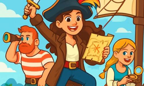 Au centre de l'image, Amélie, une jeune pirate d'environ 20 ans, se tient sur le pont de son navire, le "Tempête". Elle a de longs cheveux bruns bouclés, des yeux déterminés et un large sourire. Elle porte un chapeau de pirate avec une plume colorée et une veste en cuir, tenant une carte au trésor dans une main et un sabre dans l'autre. À ses côtés, Pierre, un homme robuste d'environ 30 ans avec une barbe rousse, scrute l'horizon, vêtu d'une chemise à rayures et d'un pantalon en toile. Un peu plus loin, Charlotte, une jeune femme d'environ 25 ans avec des cheveux blonds tressés, examine une boussole en or. Le navire est en pleine mer sous un ciel bleu clair, avec une île mystérieuse en arrière-plan. Amélie et son équipage planifient leur prochaine étape pour trouver le trésor, entourés d'excitation et d'anticipation.