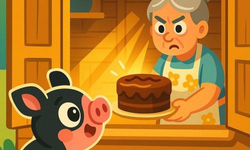 Un petit cochon noir et rose nommé Gaston, avec de grands yeux brillants, se tient devant une fenêtre ouverte, l'air affamé. Il a une petite queue en tire-bouchon qui frétille. À l'intérieur, une femme d'une cinquantaine d'années, avec des cheveux gris en chignon et un tablier à fleurs, le regarde avec surprise et colère, tenant un gâteau au chocolat. La scène se déroule dans une cuisine chaleureuse, avec des murs en bois et une table en chêne, tandis que le soleil illumine le gâteau. Gaston, attiré par l'odeur, s'apprête à entrer pour dévorer le gâteau, tandis que la femme semble prête à le gronder.