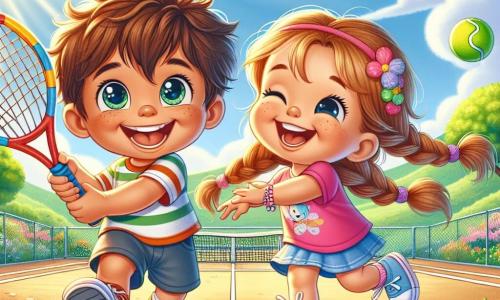 Un petit garçon de 2 ans, nommé Tom, avec des cheveux bruns en désordre et des yeux pétillants, tient une raquette de tennis plus grande que lui. Il sourit sur un terrain de tennis ensoleillé. À côté de lui, Mia, une fille de 5 ans avec de longs cheveux blonds tressés et une raquette colorée, rit en lançant une balle vers Tom. Elle porte un t-shirt rose et un short bleu, prête à jouer. Le parc verdoyant est bordé d'arbres, avec un ciel bleu clair et des fleurs colorées. Tom et Mia jouent ensemble, riant et s'amusant en échangeant des balles de tennis, créant une atmosphère joyeuse.