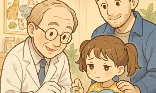 Un médecin adulte souriant mais concentré, lunettes rondes et blouse blanche, nettoie doucement une petite coupure au doigt d’une fillette d’environ 4 ans aux couettes et robe jaune à pois, qui tient un doudou bleu et paraît apaisée; le père, 30–40 ans, barbe légère et veste bleue, se tient derrière elle, main sur l’épaule, sourire rassurant; scène dans une petite clinique chaleureuse aux tons pastel avec affiche d’animaux, étagère à pansements et lampe douce.