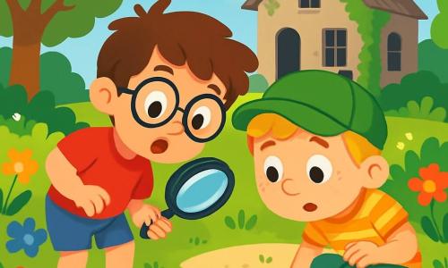 Léo et Tom, deux garçons de 7 ans, découvrent une étrange trace de patte dans un jardin verdoyant. Léo, avec ses cheveux bruns en bataille et ses lunettes rondes, porte un t-shirt rouge et un short bleu, tandis que Tom, aux cheveux blonds et aux taches de rousseur, est en casquette verte et t-shirt à rayures. Ils sont intrigués par la trace qui mène à une vieille maison abandonnée, entourée de fleurs colorées et d'arbres majestueux, prêts à enquêter sous un ciel bleu.