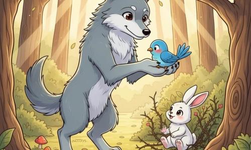 Un grand loup gris au pelage doux, aux traits arrondis, yeux marron chaleureux et sourire timide, se tient sur ses pattes arrière et tend une patte pour aider ; un petit lapin blanc aux grandes oreilles roses et sourire reconnaissant sort d’un buisson d’épines à ses pieds, tandis qu’un oiseau bleu vif repose dans les mains du loup, prêt à être remis dans un nid visible sur une branche droite au-dessus ; la scène se déroule dans une clairière ensoleillée d’une grande forêt aux feuilles dorées, mousse verte et champignons colorés, ambiance chaleureuse et bienveillante, couleurs pastel vibrantes et style manga pour enfants.