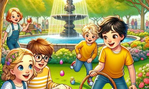 Dans un parc ensoleillé, quatre enfants participent à une chasse aux œufs de Pâques. Antoine, douze ans, avec des cheveux châtains et des lunettes, tient un panier plein d'œufs colorés et sourit avec enthousiasme. Lucas, onze ans, blond en bataille, montre une carte à Antoine avec détermination. Léa, dix ans, cheveux bruns tressés et t-shirt jaune, observe les alentours avec curiosité. Hugo, neuf ans, aux lunettes rondes et cheveux noirs, examine un œuf en chocolat près d'un buisson. Le parc est fleuri, avec des arbres majestueux et une fontaine scintillante. Les enfants cherchent un œuf géant caché, entourés d'une atmosphère de mystère et de joie.