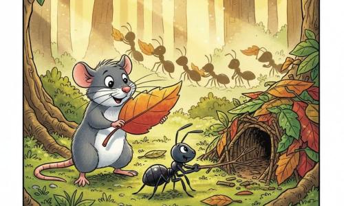 Un petit rat nommé Rémi, aux yeux ronds et pelage gris avec une tache blanche, se tient debout portant une feuille plus grande que lui, tandis qu’une petite fourmi noire, Félicité, tire une brindille vers l’entrée d’une fourmilière qu’ils construisent ensemble ; en arrière-plan d’autres fourmis forment une chaîne, le tout sur un tapis de mousse matinal dans une forêt enchantée baignée de rosée et de rayons de soleil, rendu en style clair, couleurs vives, contours nets et expressions enfantines.