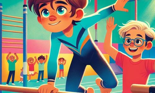 Un garçon de 10 ans, Maxime, avec des cheveux bruns en bataille et des yeux déterminés, réalise un mouvement acrobatique sur une barre fixe dans un gymnase coloré. Il porte un justaucorps bleu vif qui met en valeur sa silhouette athlétique. Son visage exprime concentration et joie alors qu'il s'apprête à exécuter une figure impressionnante. À proximité, Jules, un garçon aux cheveux blonds et aux lunettes rondes, l'encourage avec un sourire, les bras levés, vêtu d'un t-shirt rouge et d'un short noir. Le gymnase est coloré, avec des tapis moelleux et des barres parallèles en bois, tandis que des parents et amis applaudissent, créant une atmosphère festive. Maxime, prêt à réaliser un saut périlleux, illustre son courage et sa passion pour la gymnastique, entouré de camarades et de supporters.