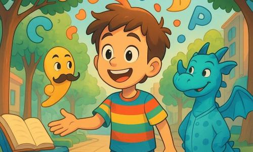 Un garçon de 10 ans, Lucas, est au centre de l'image avec des cheveux bruns ébouriffés et un grand sourire. Il porte un t-shirt rayé coloré et des baskets rouges. Il tend la main vers des mots flottants autour de lui. À côté, un point-virgule anthropomorphique avec des moustaches frisées et une expression malicieuse flotte à sa hauteur. Un dragon en pyjama bleu à pois est derrière Lucas, avec un sourire espiègle. Le décor est un boulevard fantastique avec des bancs en forme de livres ouverts et des arbres dont les feuilles sont des lettres. Des phrases colorées flottent dans l'air comme des ballons. La scène montre Lucas et ses amis mots et créatures en train de rire et de jouer au milieu de ce boulevard magique.